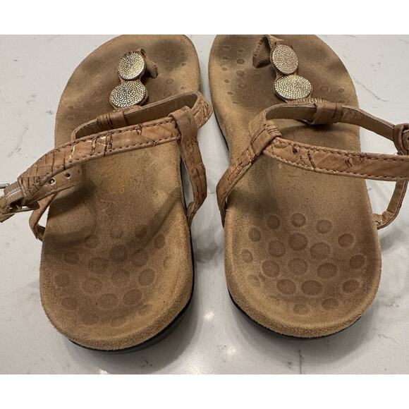 Vionic Lizbeth Size 7 Women's T-strap Orthotic Sandal Gold Cork Medallion - Picture 2 of 7